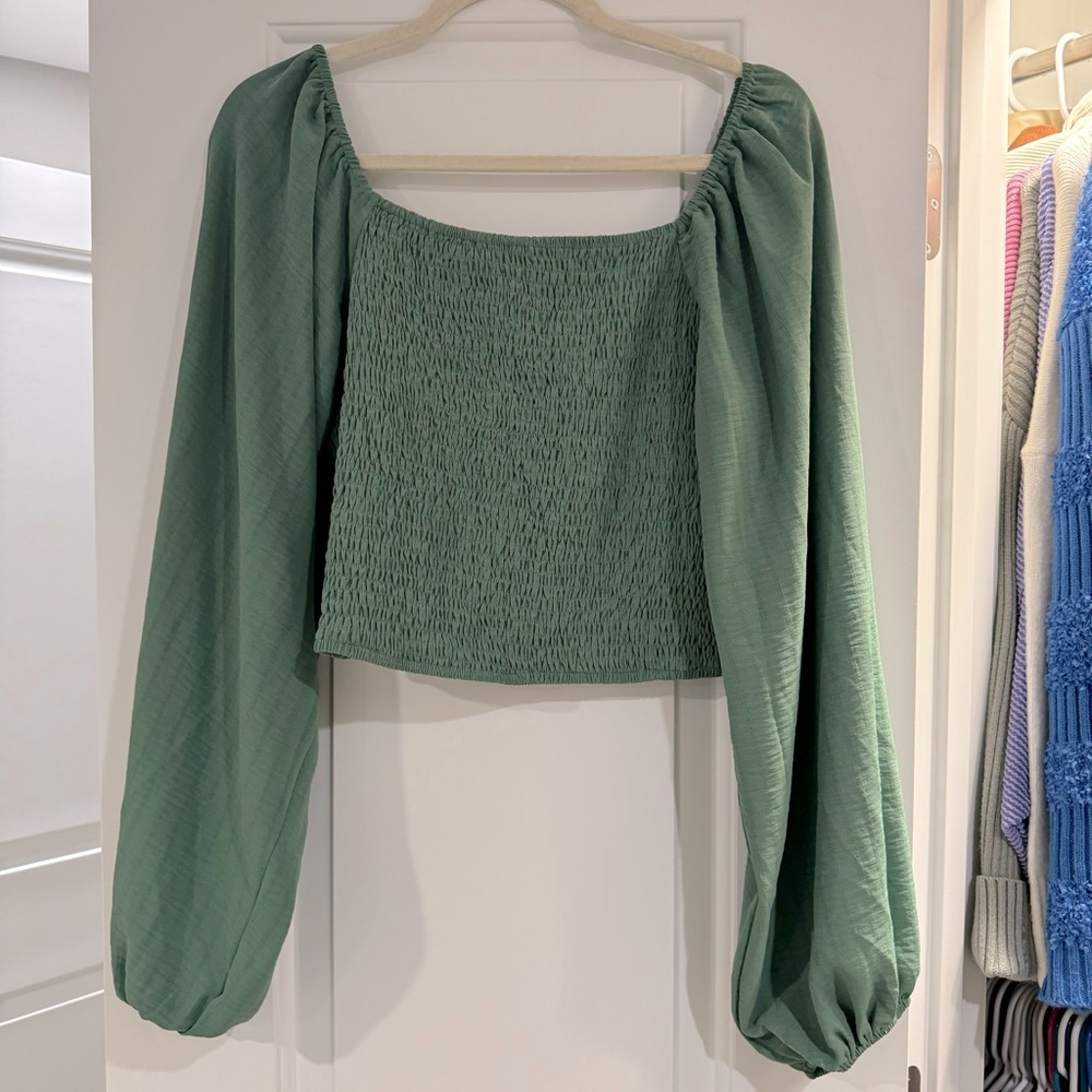 Listicle Green Puff Sleeve Crop Blouse